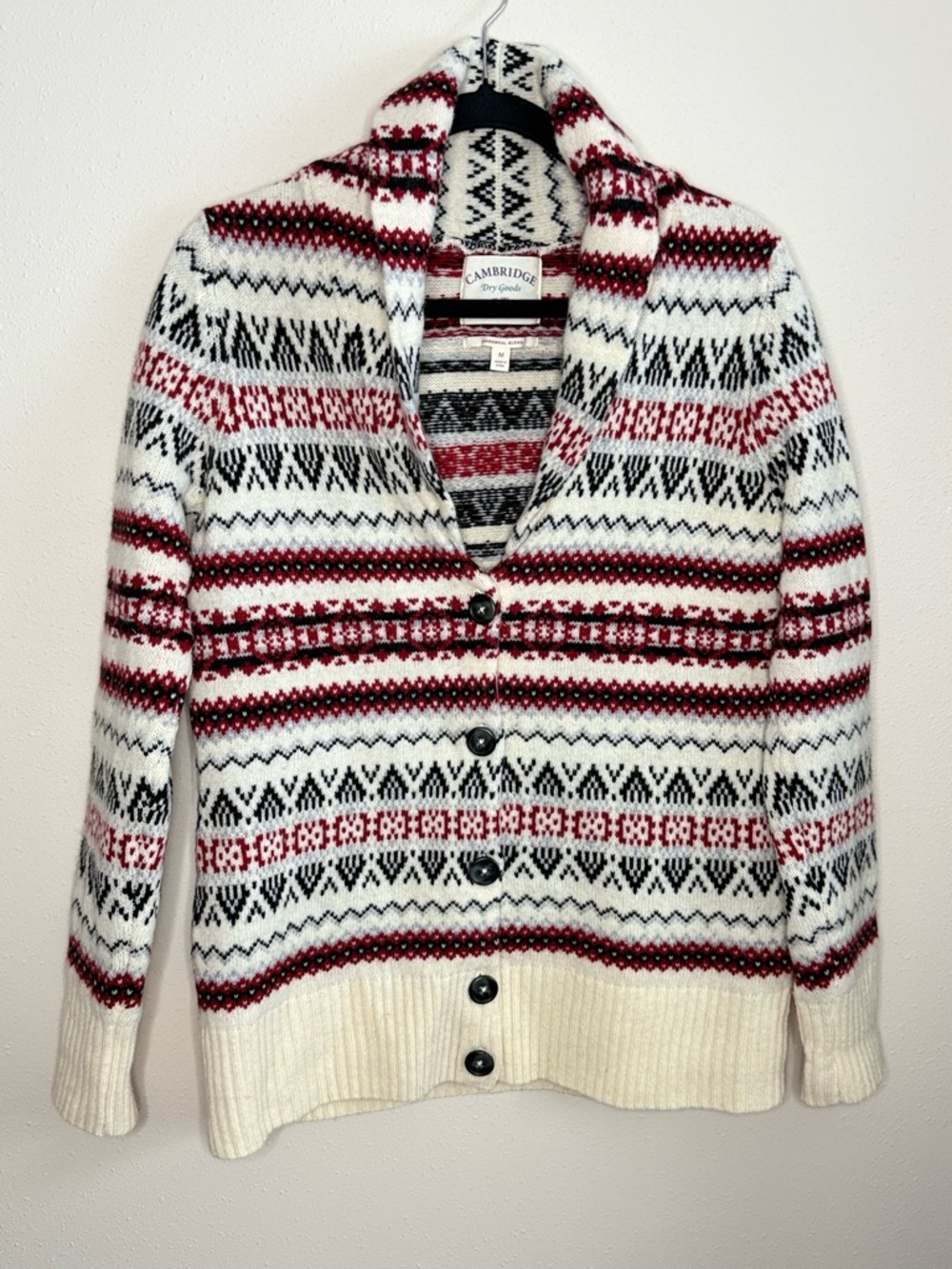 Vintage Fair Isle Cardigan Medium Red Cream Nordic Knit Button Sweater - Picture 8 of 11